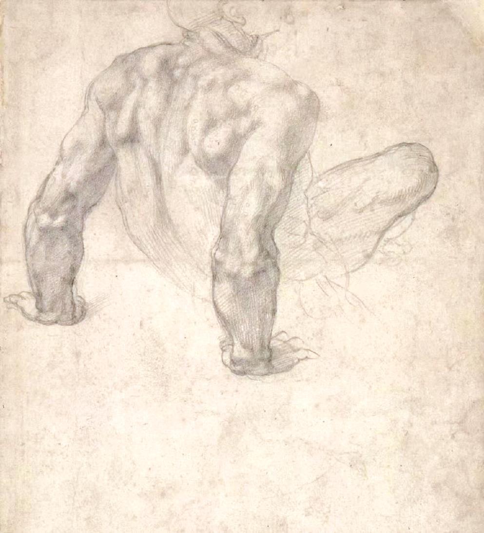 从米开朗基罗创作于1534至1536年的《最后的审判》草图中可见他对人物局部肢体的反复打磨。
