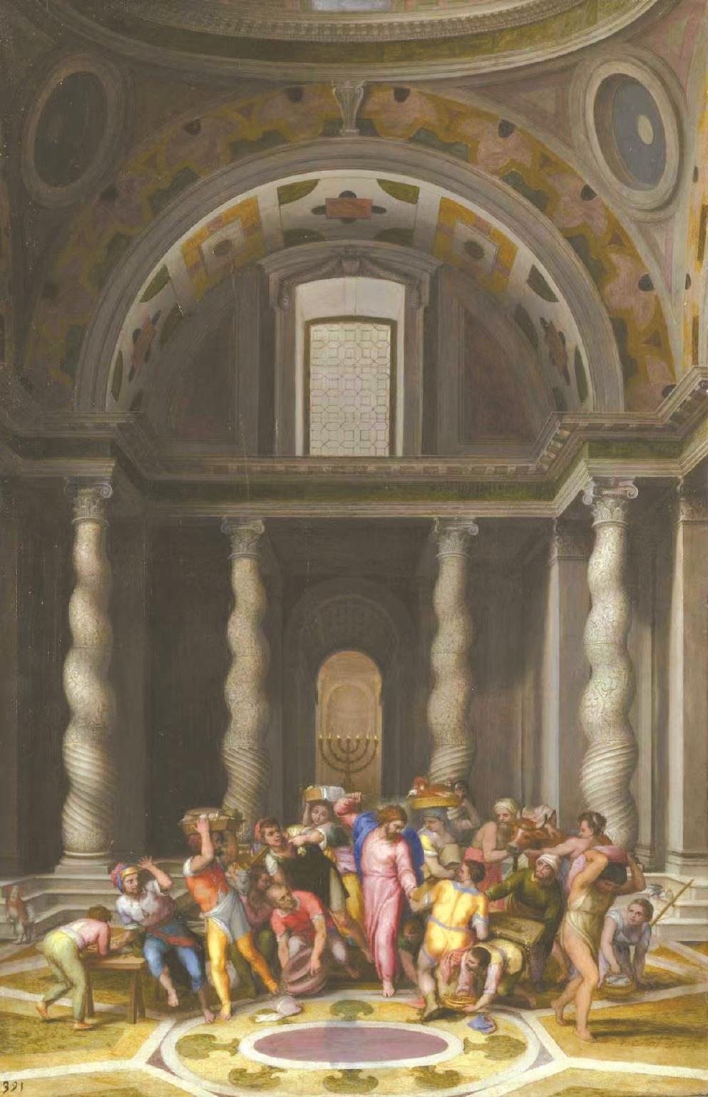 在大量委托和年岁渐长的压力下，米开朗基罗开始与助手、学生和其他艺术家合作。图为马尔切洛·维努斯约1550年根据米开朗基罗草图所画的《神殿净化》。
